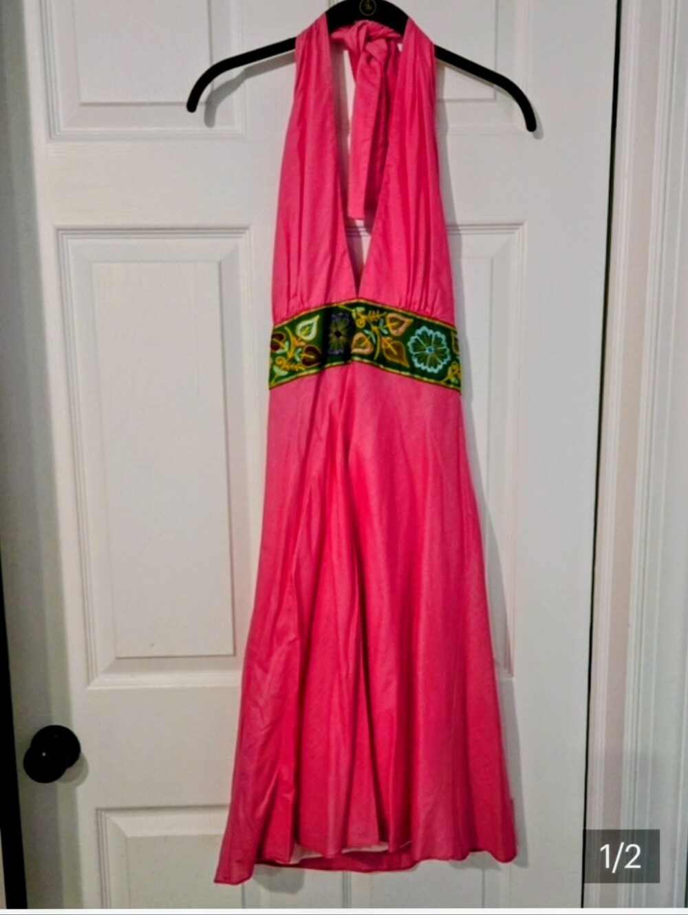 Taylor Dresses Pink Halter Mini with Embroidered Green Waistband